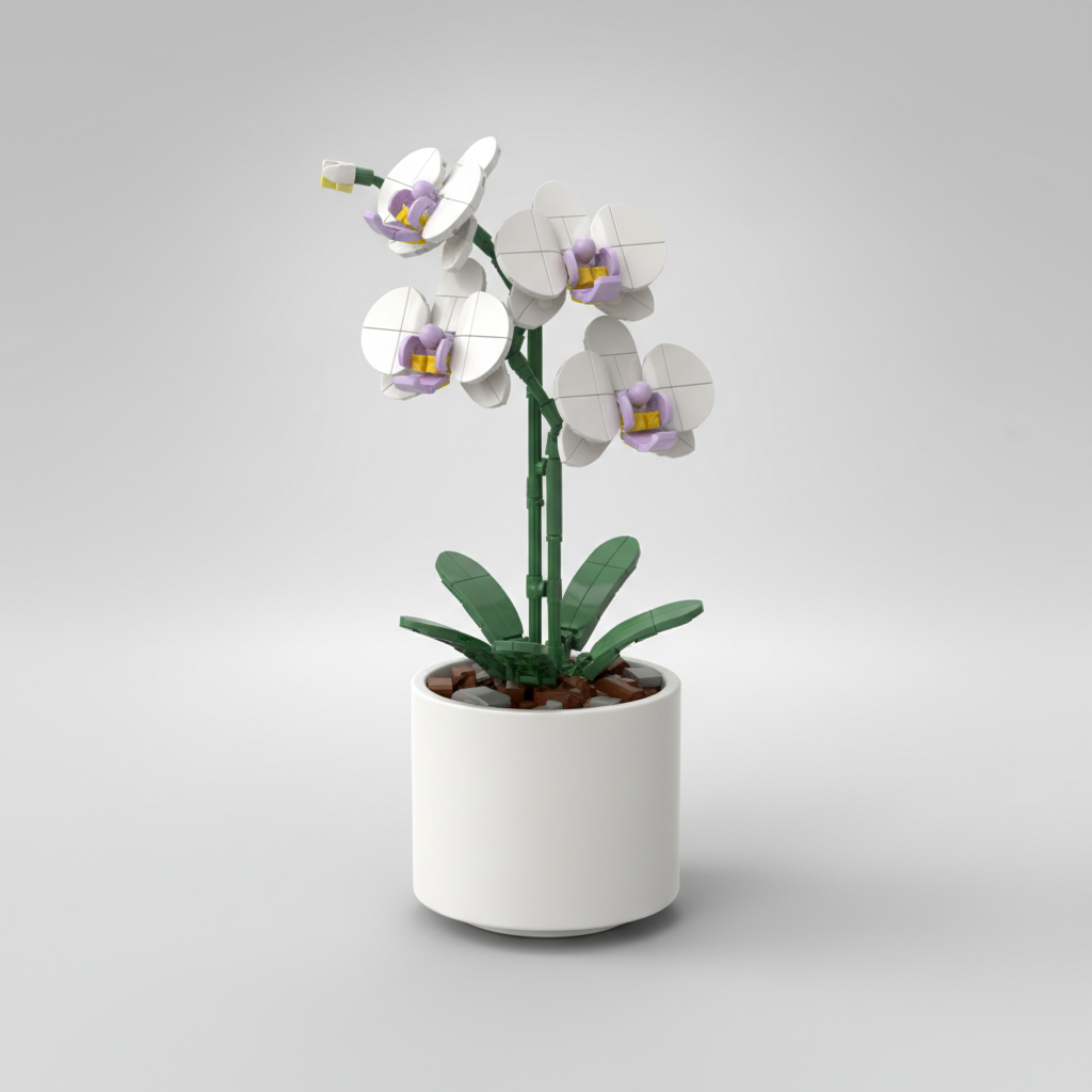 Illustratieve afbeelding van een orchidee opgebouwd uit bouwsteentjes